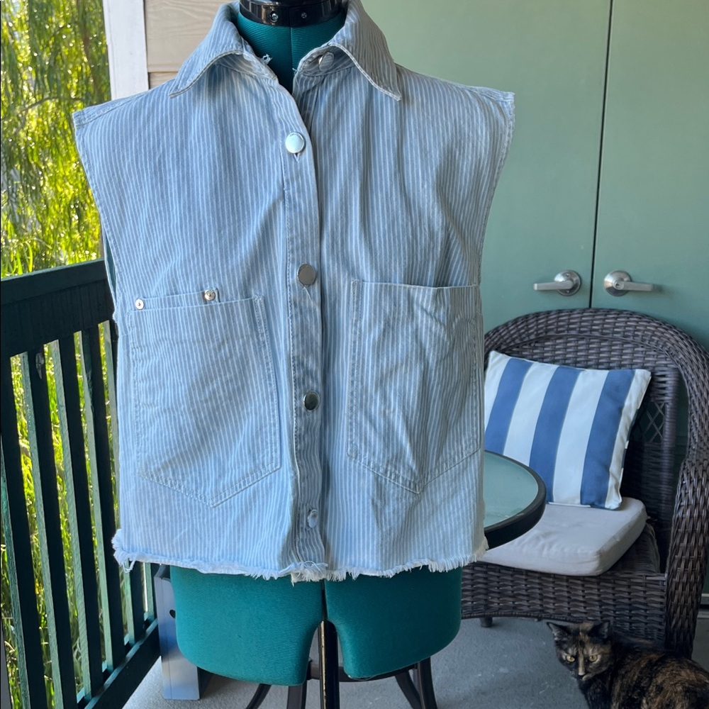 Striped Sleeveless Denim Vest